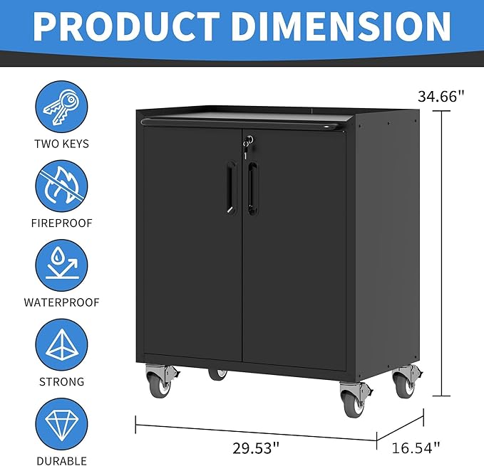 Metal Storage Cabinet with Wheels, Lockable Garage Storage Cabinet with Doors and Shelves, Rolling Tool Cabinet, Assembly Required, Black