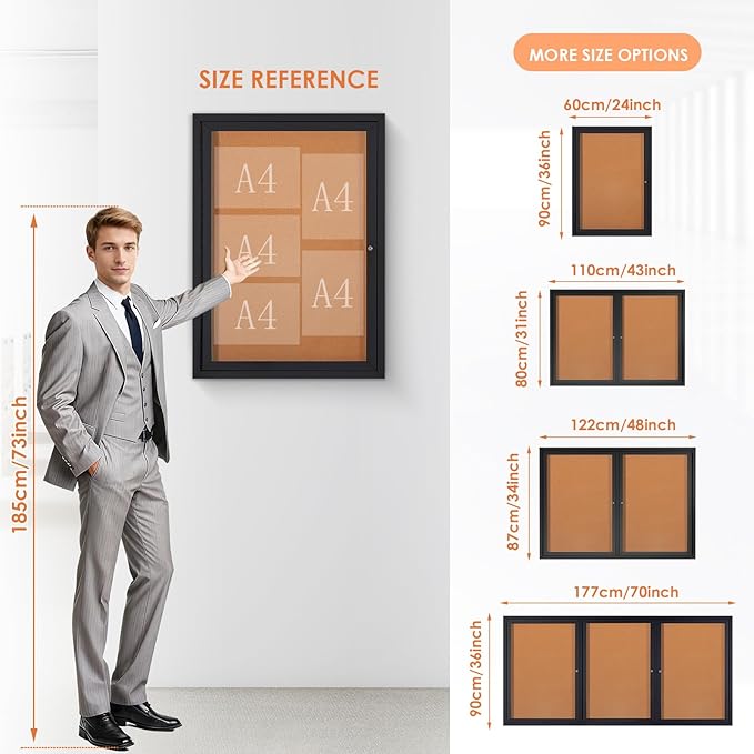 Enclosed Bulletin Board Outdoor Noticeboard with Locking Door, Weather-Resistant, Cork, Black Aluminum Frame, 70 x 36 in