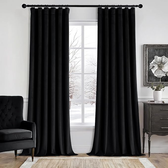 MIULEE Velvet Curtains 96 Inches Long 2 Panels Set for Bedroom, Pinch Pleat Back Tab Halloween Thermal Insulated Living Room Darkening Drapes Pleated Blackout Floor to Ceiling Curtain with Hooks Black