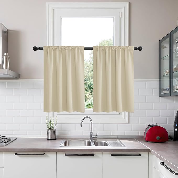 KGORGE Short Blackout Curtains 36 inch Length for Kitchen, Back Tab Rod Pocket Privacy Thermal Insulation Short Half Window Tiers Curtains for Bathroom Basement Offic, W34 x L36, Biscotti Beige