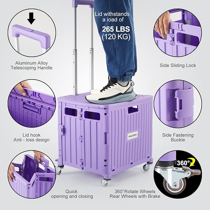 Foldable Utility Cart Folding Portable Rolling Crate Handcart with Durable Heavy Duty Plastic Telescoping Handle Collapsible 4 Rotate Wheels for Travel Shopping Moving Luggage Office Use (Purple)