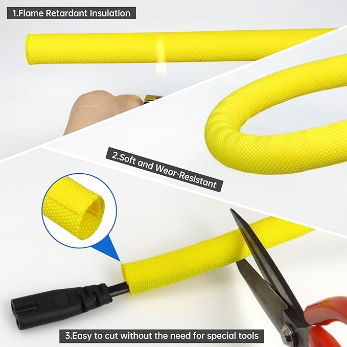 Split Braided Cable Sleeve，Flexible Wire Loom Tubing, Automotive Cord Protector Pet Proof, Cable Management for Computer TV Electric Wires Harness 16ft (Yellow, 13mm（1/2")