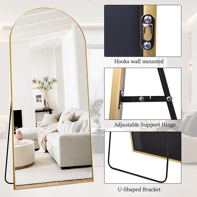 Floor Full Length Mirror, Arched Mirrors Full Length 76"x34" Freestanding Large/with Aluminum Frame & Wall Mounted & Hanging or Leaning & Full Body Mirror for Bedroom, (Gold)