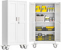 Metal Garage Storage Cabinet with Lock, 61” Tall Lockable File Cabinet with Wheels, Steel Tool Cabinet with 2 Door and 3 Adjustable Shelves, Rolling Cabinet for Home Office Garage Gym - White