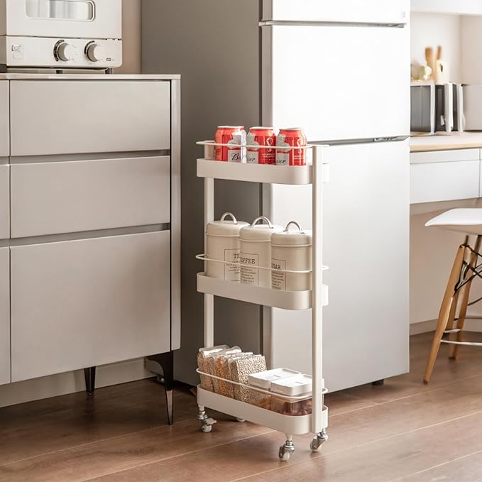 Rolling Storage Cart, 3 Tier Bathroom Organizer Mobile Shelving Unit, Metal Utility Cart Tower Rack for Kitchen Laundry Narrow Places(Fully Assembled Furniture, White)
