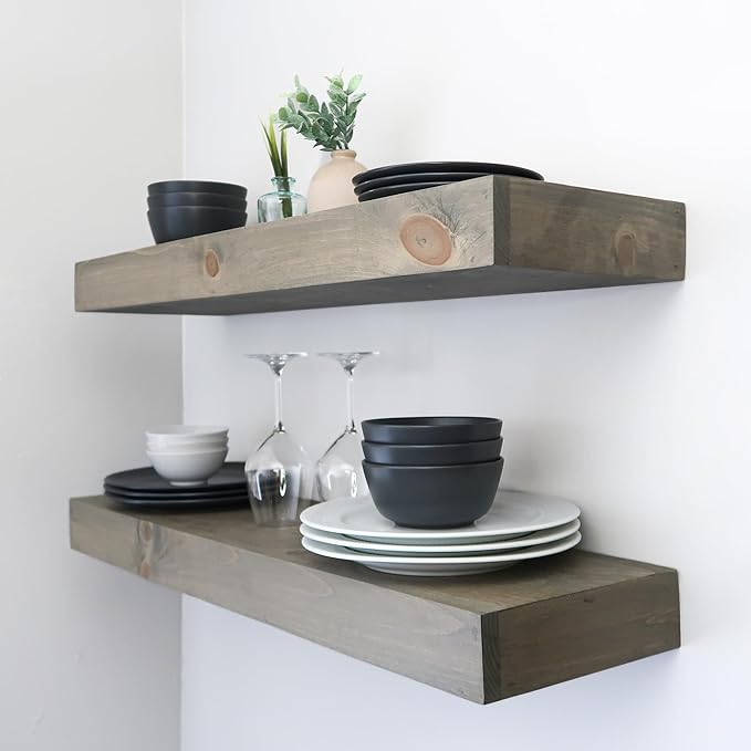 Urbandi Modern Floating Shelves 3 Inches Thick for Wall, Wide Shelves for Kitchen, Living Room, Bedroom, and Bathroom, Natural Pine Wood, Rustic Wooden Shelf, (Set of 2) (Aged Barrel, 60Lx3Hx8D)