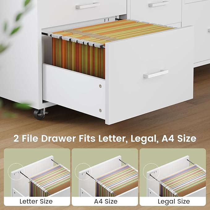 SEDETA 6 Drawer File Cabinet with Power Strip, 47" Wood Mobile Lateral Filing Cabinet fits Legal/Letter/A4 Size for Home Office, Printer Stand with Storage Shelf and Led Lights, White