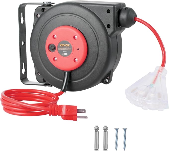VEVOR Retractable Extension Cord Reel, 30 FT, Heavy Duty 16AWG/3C SJTOW Retractable Power Cord Reel with Lighted Triple Tap Outlet 10 Amp Circuit Breaker 4.5FT Lead-in Cord, for Ceiling or Wall Mount
