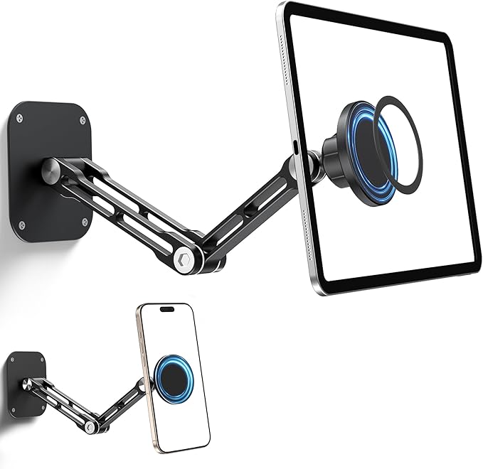 Magnetic iPad Wall Mount, NINEFATICS Aluminum Dual-Arm Tablet Wall Mount Holder, 360° Multi-Angle Adjustable, Foldable Wall iPad Mount, for 4.7"-13" iPad Pro/Air/Mini, Phones & Tablets, Strong Magnets