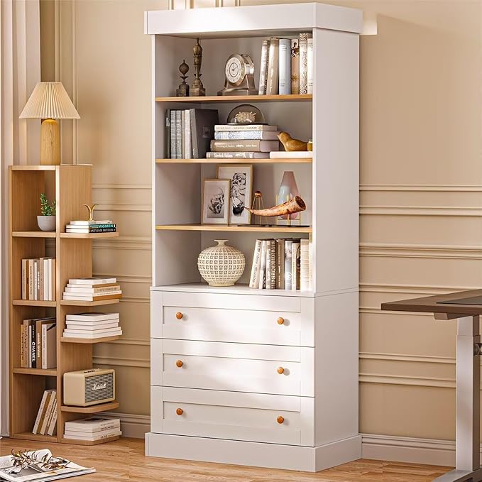 Vyre 71" Tall Farmhouse Bookshelves with Drawers, Set of 3 – Large Modular Bookcase with Adjustable Shelves, Storage Cabinet for Living Room, Kitchen, Home Office, White