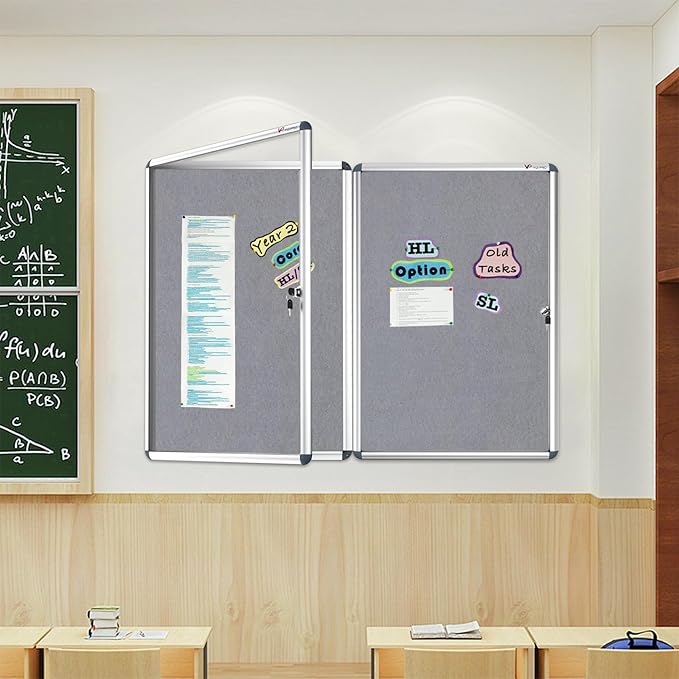 VIZ-PRO Tamperproof Lockable Gray Fabric Noticeboard Aluminium Framed 36x24 Inches