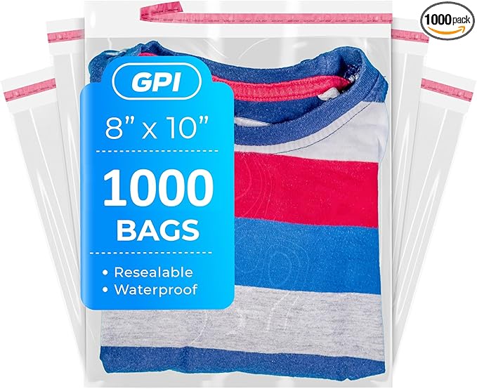 8" X 10" Self Seal Resealable Poly Bags - Case of 1000, Peel & Seal Reclosable Polybags with suffoaction Warning and Adhesive Strip for Packaging & Shipping Clothes, Shirts & More - GPI