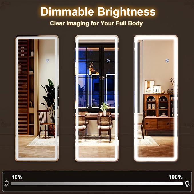 LED Rectangular Corner White Full Length Mirror - 16“ x 60” Brightness Adjustable, Touch Screen Control, Wall Mounted or Freestanding, for Bedroom Living Room Cloakroom Dressing Mirror