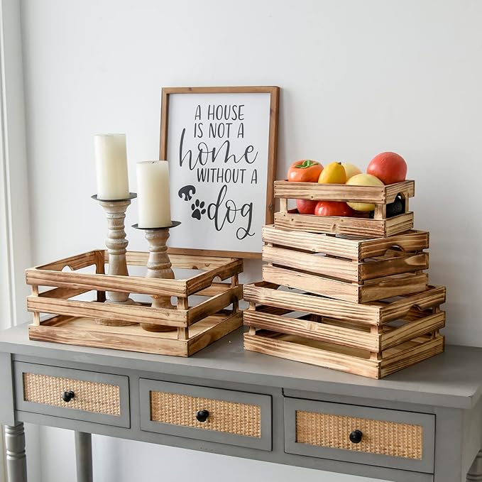 Set of 4 Large Torched Wood Decorative Storage Crates, Nesting Wooden Crates for Display Rustic, Farmhouse Wooden Storage Container Boxes Made from 100% Wood
