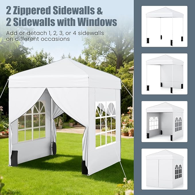 Tangkula 6.5x6.5 FT Pop Up Canopy, UPF50+ Outdoor Canopy Tent with 2 Removable Sidewalls, 2 Zippered Doors, Heavy-Duty Carbon Steel Frame, Wheeled Bag, 4 Sandbags, 8 Stakes, 4 Wind Ropes (White)
