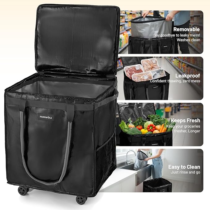 (Medium) Fanwoli Reusable Grocery Bag On Wheels with Removable Liner | Wrinkle-Resistant Fabric | Enhanced Stability Wheels & Extended Handle | Foldable Shopping Trolley for Laundry, Carries Up to 66L