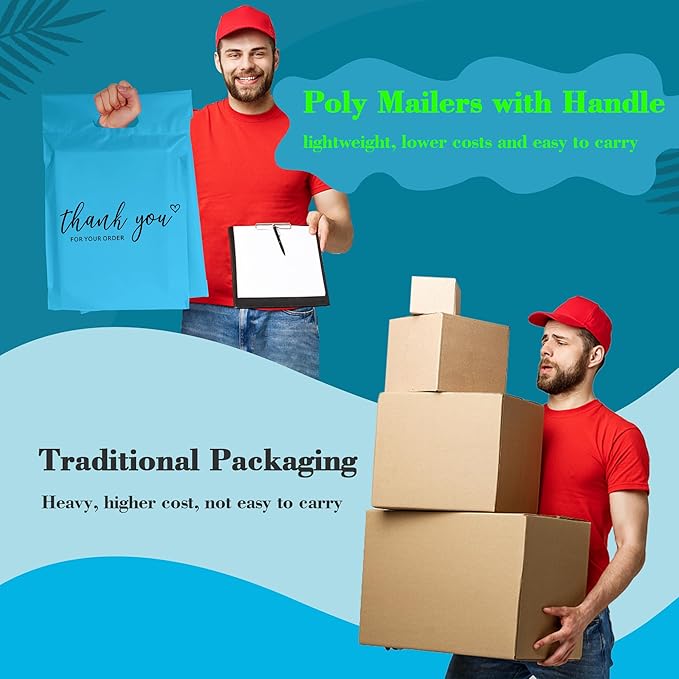 JinRuiKJ Poly Mailers with Handle 12x15.5 Inch 50 Pcs, Easy to Carry Packaging Bags for Small Business, Thank You Shipping Bags with Self Adhesive Strip, Tearproof and Waterproof - Blue