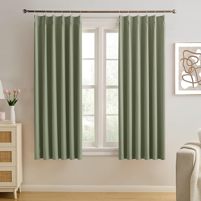 Sage Green Pinch Pleat Curtains 63 Inches Long Thermal Insulated Dark Black Out Short Drapery for Bedroom Light Blocking Window Covering Room Darkening Drapes for Living Room 40x63 2 Pieces