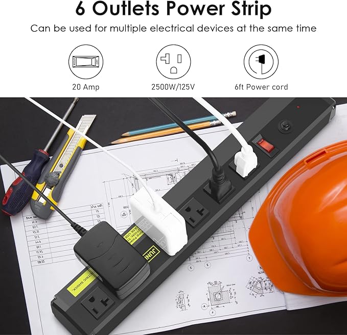 JUNNUJ Heavy Duty 20 Amp Power Strip 4800J, High Amp Surge Protector 6 Outlet, 20A Power Strips Workshop Industrial Outlets Wide Spaced 6-20R T-Slot with Circuit Breaker, 12 Gauge Extension Cord 6ft