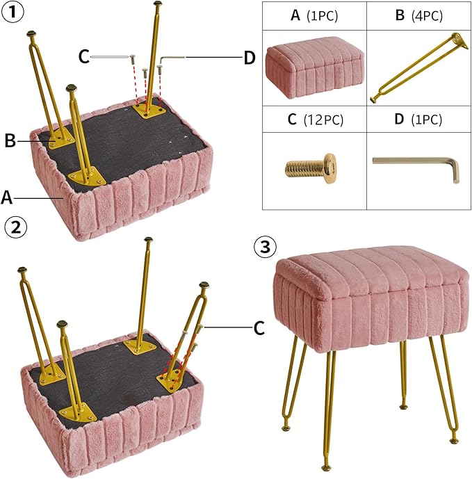 IBUYKE Stool Chair with Storage Space, Footrest Footstool Ottoman, Small Side Table, with 4 Metal Legs, with Anti-Slip Feet, for Makeup Room, Bedroom, Faux Fur, Pink LG-50P