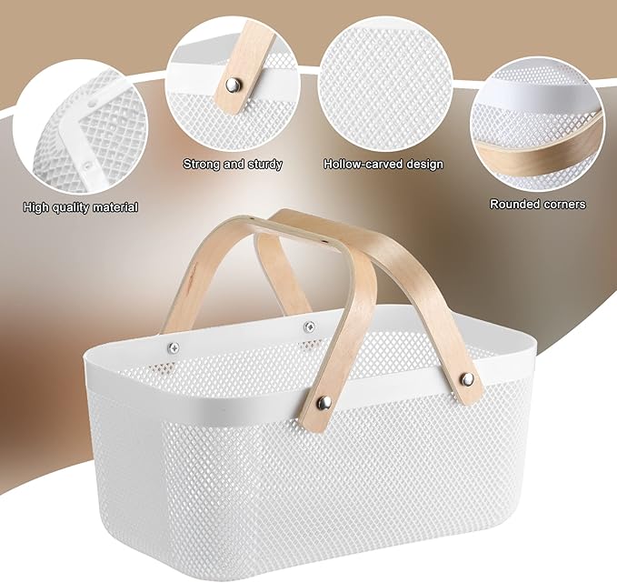 Sadnyy 4 Pcs Plastic Mesh Garden Harvest Basket Storage Basket with Wooden Handle Multi Functional Mesh Bin for Kitchen Cabinet Picnic Fruit Vegetable Gathering Organizer(Large,White)