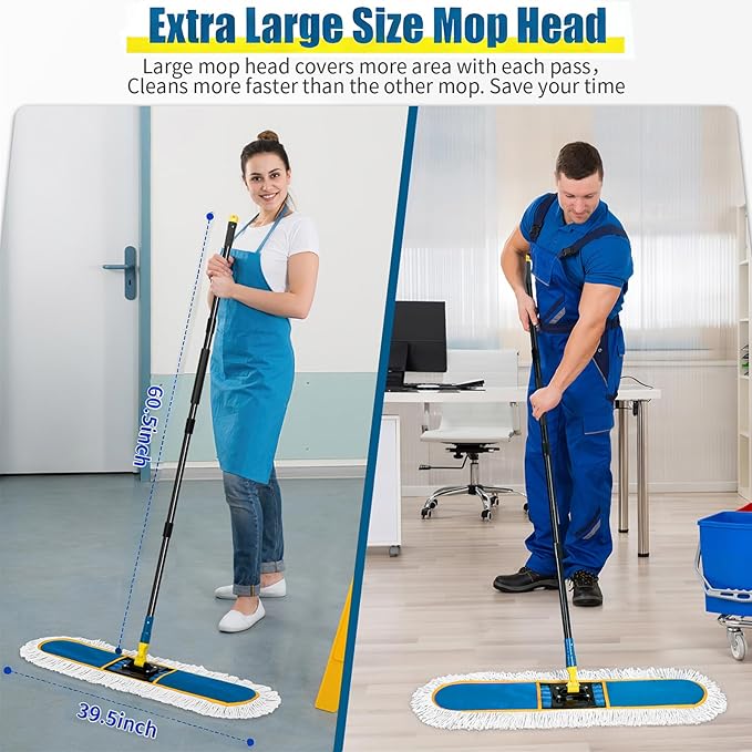 36" Commercial Dust Mop for Floor Cleaning with 2 Cotton Mop Pads, Heavy Duty Industrial Large Floor Duster,Wet Dry Mops for Hardwood Floors,Concrete,Marble, Laminate,Tile,Garage,Blue