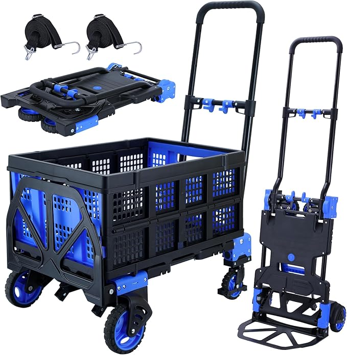2 in 1 Hand Truck Dolly Foldable with Basket,Hand Truck Foldable with Retractable Handle,330LBS Capacity Folding Hand Cart,Portable Dolly Cart with Wheels for Moving