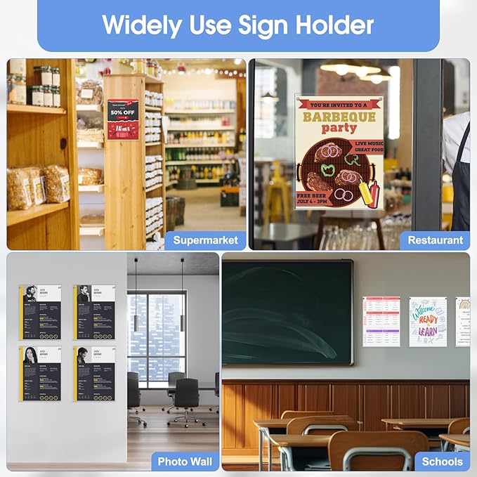 Acrylic Sign Holder 8.5 x 11 Wall Mount, Adhesive & Magnetic Back - Vertical or Horizontal Mount for Office, Classroom, Retail Displays on Glass, Doors, Wood, or Other Smooth Surfaces