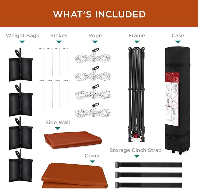 Best Choice Products 10x10ft Easy Pop Up Canopy w/Side Wall, 10 Pockets, Portable Carrying Case, 1-Button Setup, 4 Weight Bags - Rust