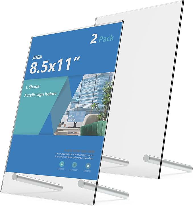 L-Shaped Acrylic Sign Holder – Shatterproof Clear Display Stand for Menu, Flyer, or certificate Display – Impact-Resistant Acrylic Table Sign Frame (8.5x11 inch 2pack)