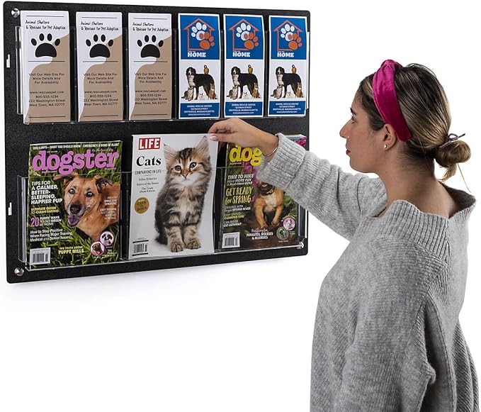 Displays2go Tiered Brochure Rack for Wall, 6-12 Adjustable Pockets, Frameless Acrylic - Black (2RP6BLK)