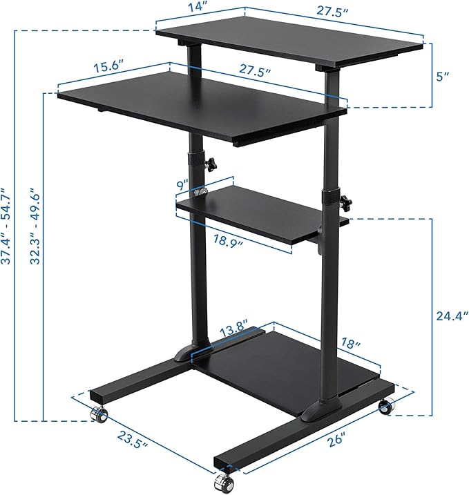 Mount-It! Black Rolling Standing Desk, Adjustable Height up to 54.7", Portable Laptop Podium Desk on Wheels, Mobile Computer Workstation with 4 Shelves, Presentation Cart for Home Office or Classroom