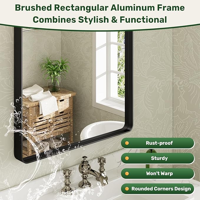 40X32 Black Bathroom Mirror for Over Sink, Metal Framed Vanity Mirror Wall Mounted, Rectangle Mirror for Bedroom Living Room Restroom Entryway, Anti-Rust, HD Tempered Glass