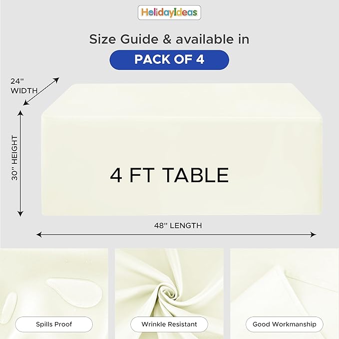 HolidayIdeas Fitted Tablecloths for 4 Foot Rectangle Table, Wrinkle Resistant Washable Table Cover 24x48 Inch for Vendor Booth Display, Banquet, Trade Show, Beige, 4 Pcs
