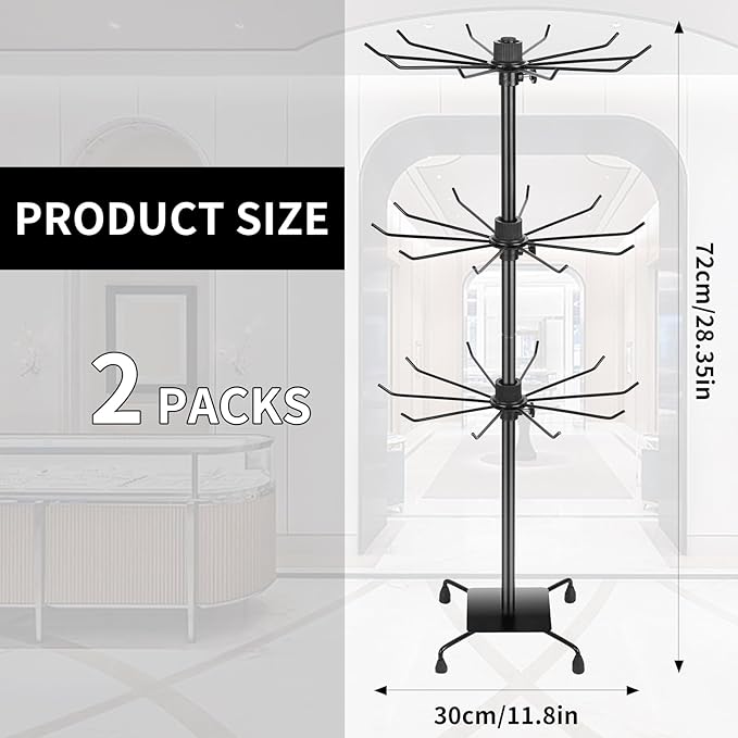 3 Tier Spinner Display Rack Retail Display Stand Metal Rotating Display Rack for Jewelry Keyring Socking HatsToys，Movable Shop Spinner，Adjustable height， Black,Pack of 2