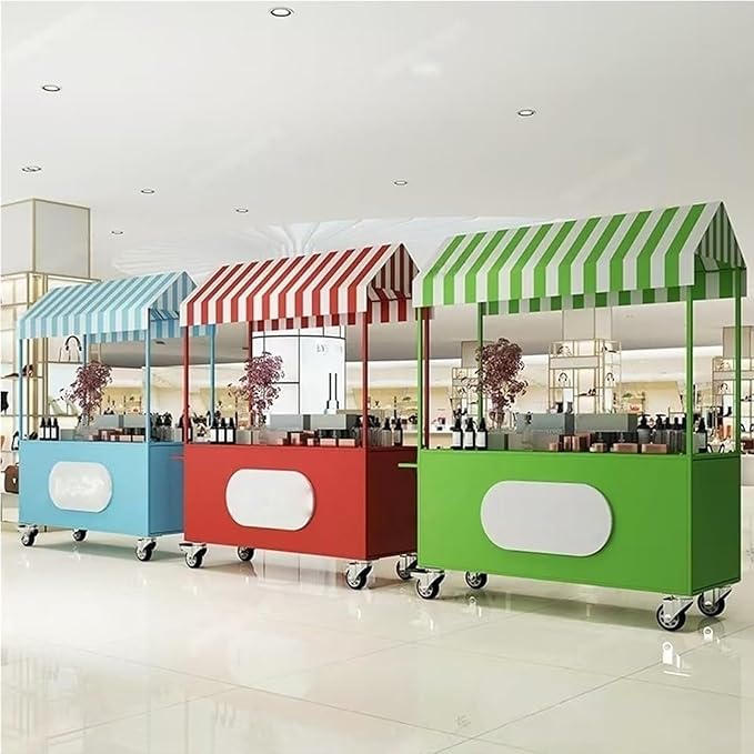 Outdoor Vendor Cart, Portable Cart with Canopy, Commercial Business Mobile Street Food Vendor Carts, Foldable Vending Stand Kiosk Display Trolley with Canopy for Markets (White)