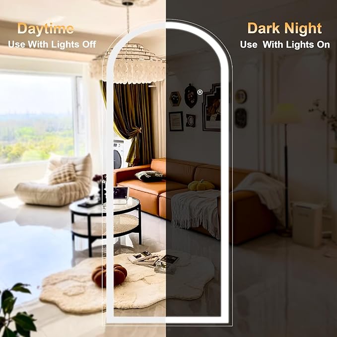 LED White Arched Full Length Mirror - 24“ x 65” Adjustable Brightness, Touch Screen Controls, Wall Mounted or Freestanding for Bedroom, Living Room, Cloakroom Dressing Mirror