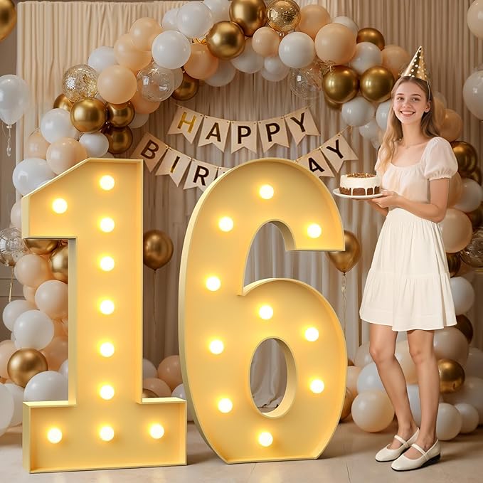 Mixifox 4FT Marquee Numbers 16, Large Light up Number 16 for Birthday Party Supplies, Sign, Backdrop, Happy 16th Birthday Decorations for Sweet 16 Years Old