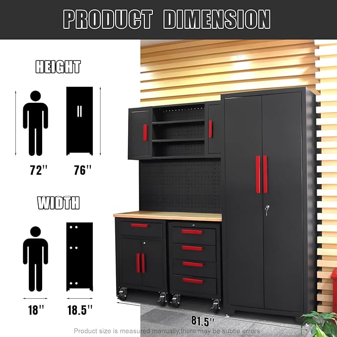 Garage Cabinets Storage System，12PCS Workshop Set with Steel Cabinet Drawers, Rolling Chest, Workbench, Pegboard for Tool Organization
