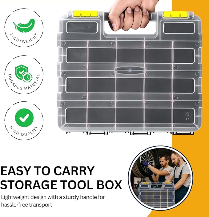 Andalus Tools Organizer Box, Small Parts Storage 34-Compartment Double-Sided Portable Hardware Organizer Removable Plastic Dividers for Screws, Nuts, Bolts, Nails – Yellow (2 Pack, 12.5" x 10.5" x 3")