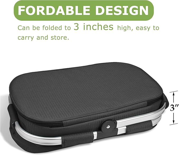 Tirrinia Large Insulated Picnic Basket, 34L Water Resistant & Leakproof Collapsible Portable Cooler Basket Set with Aluminium Handle for Travel,Foldable Grocery Bag, Black