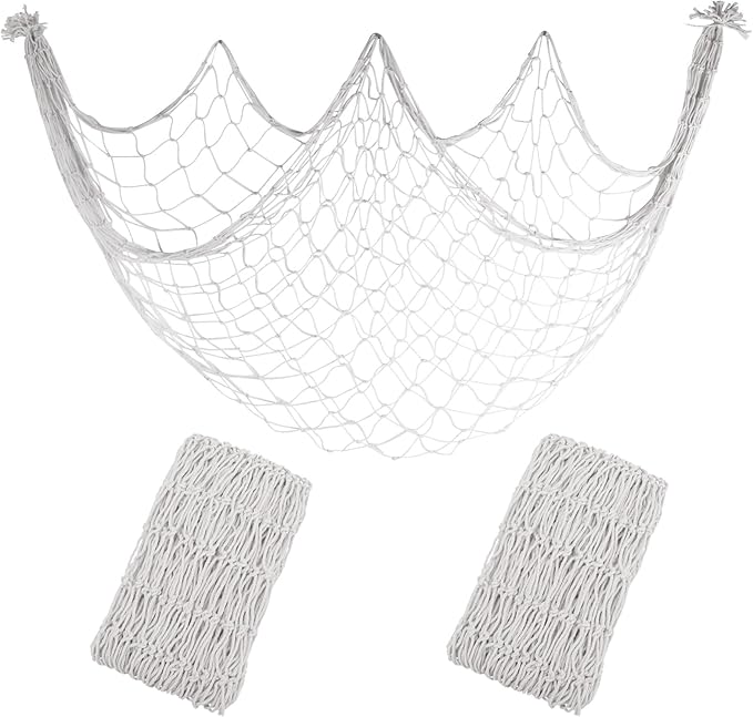 2 Pack Decoractive Fishing Net 80x40 Inch, 3mm Off White Natural Cotton Large Picture Wall Hanging Fish Net, Halloween Party Decorations Fishnet for Tropical Nautical Pirate Beach Mermaid Themed Party