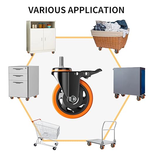 4 Inch Caster Wheels 2200Lbs, Threaded Stem Casters Set of 4 Heavy Duty, 1/2"-13 x 1 (Screw Diameter 1/2", Stem Length 1"), Safety Dual Locking Industrial Castors, Wheels for Cart, Furniture