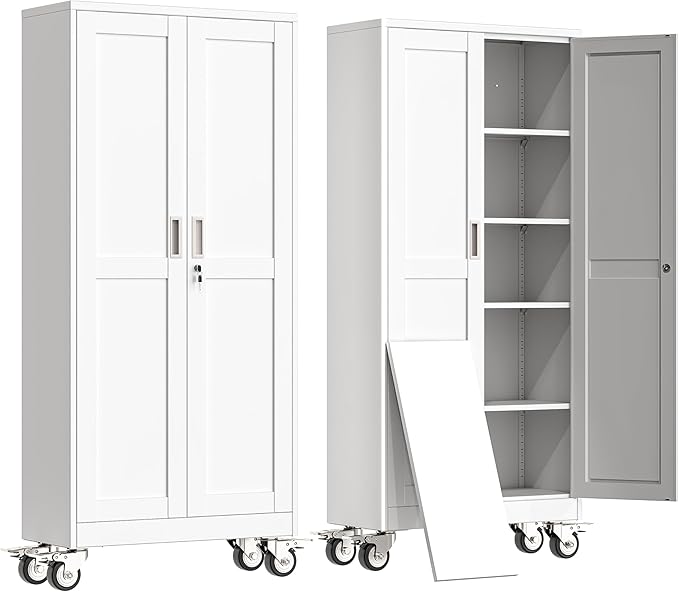 71" H Metal Garage Storage Cabinet, Rolling Tool Cabinet with 2 Doors and Wheels, Locker Steel Cabinet with 4 Adjustable Shelves, Organization Cabinet for Garage,Office,Home,Gym,School（White）