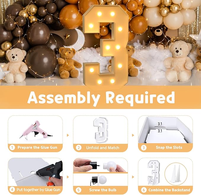 imprsv 4FT Marquee Numbers,DIY Light Up Numbers for 30th Birthday Decorations, Party Party Decorations,Anniversary Party Decor,Mosaic Number for Balloons Number 3,Pre-Cut Foam Board Kit