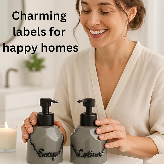 Soap and Lotion Label Tags – Handwritten Zinc Alloy Dispenser Charms – Rust Resistant- Elegant Black Finish – Vintage, Modern, Minimalist Decor – 2-Pcs
