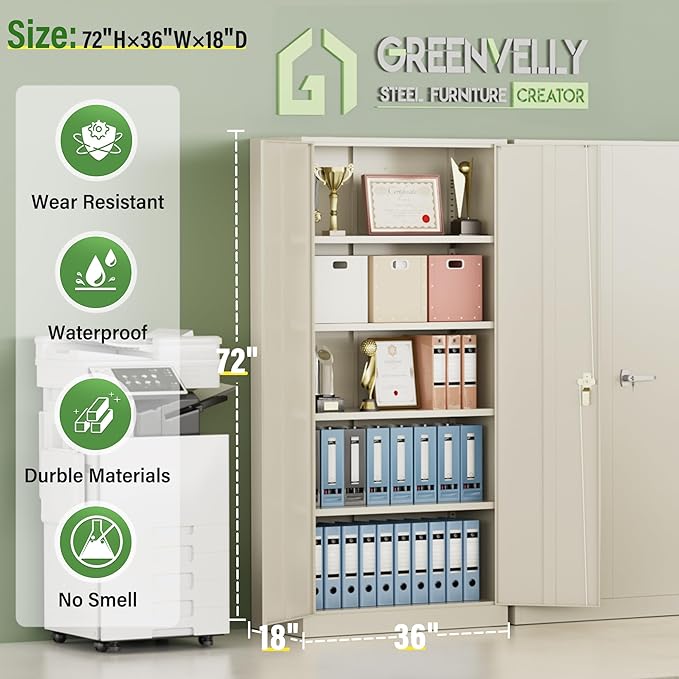 Greenvelly Metal Storage Cabinet, 72" Gray Steel Garage Cabinet with Doors and Adjustable Shelves, Metal Cabinet with Lock,Garage Cabinets and Storage System for Garage,Home Office,School