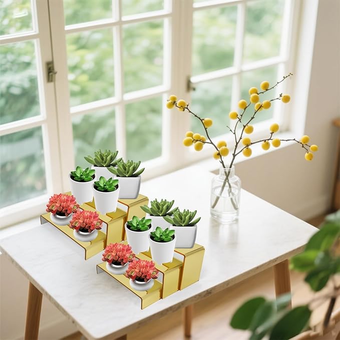 Acrylic Display Risers 2 Sets 3 Tier Cupcake Stand for Dessert Jewelry Pop Figures Shelves Retail Shoe Showcase (Gold)