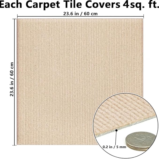 Carpet Tiles Peel and Stick, Self Adhesive Carpet Floor Tile 24" x 24", Khaki Soft Padded Flooring Sticker, Home Decor for Bedroom Living Room Office, 10 Tiles per Box