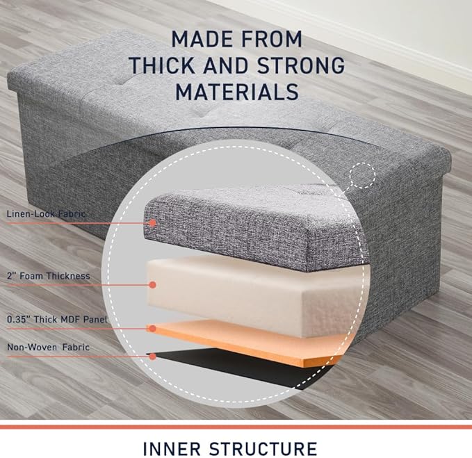 Ornavo Home 43 Inch Folding Storage Ottoman with Storage Bench, Long Large Storage Ottoman Bench, Storage Chest, Foot Rest Stool, Bedroom Bench with Storage- (Gray)